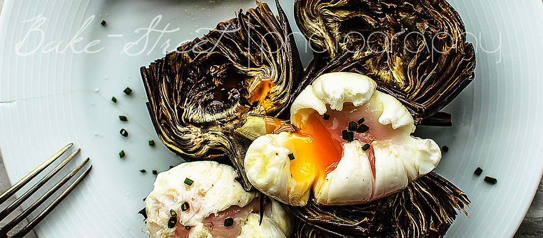 Roasted artichokes with truffled poached eggs